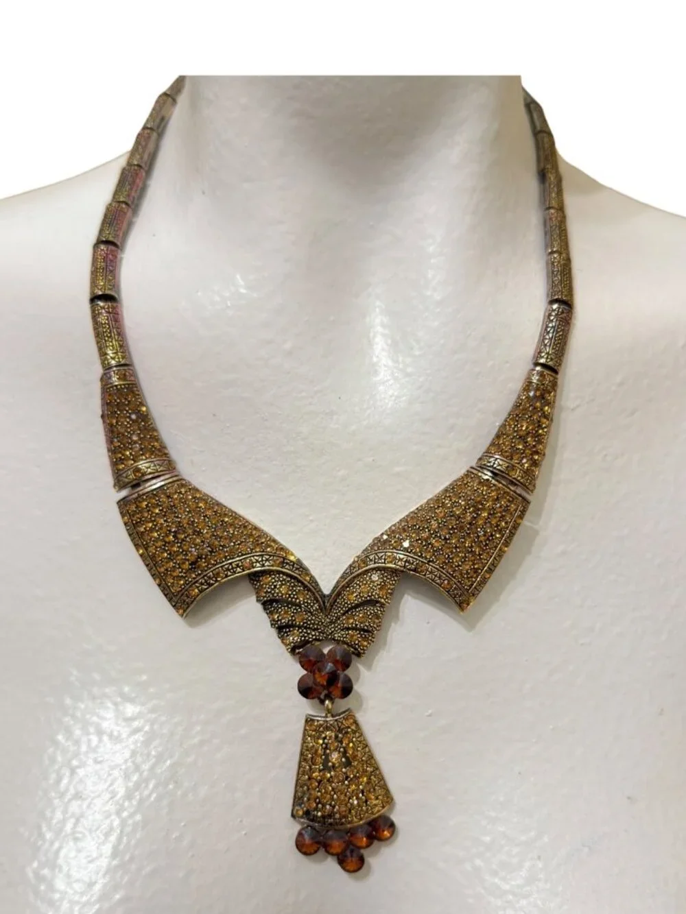 Vintage Gold-Tone Ornate Necklace With Amber Crystal Pendant & Intricate Details - Picture 7 of 11